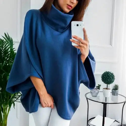 Dolman Sleeve Turtleneck Cloak Irregular Pullover Blouse for Women