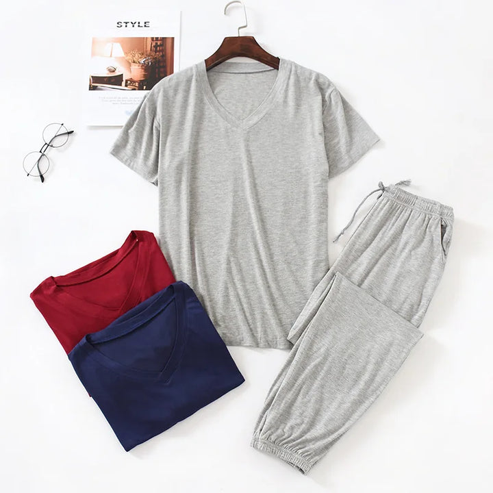 Men's Japanese Pajama Set Modal Viscose Short-Sleeve & Trousers, Loose Casual Home Wear