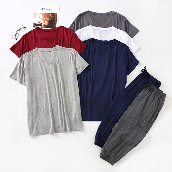 Men's Japanese Pajama Set Modal Viscose Short-Sleeve & Trousers, Loose Casual Home Wear