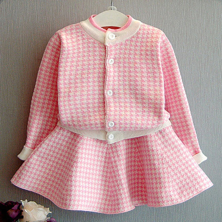 Girls' Plaid Korean Student Outfit - Autumn/Winter Knit Cardigan Sweater and Short Skirt Set