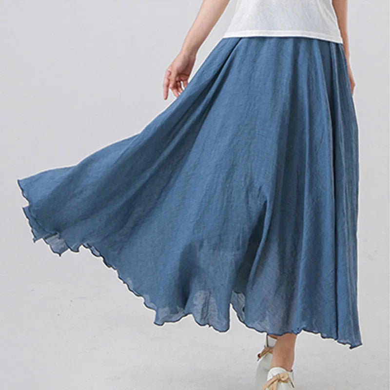 High Quality Cotton Linen Maxi Skirt Women Casual Elastic High Waist Pleated A-Line Beach Skirts Boho Style