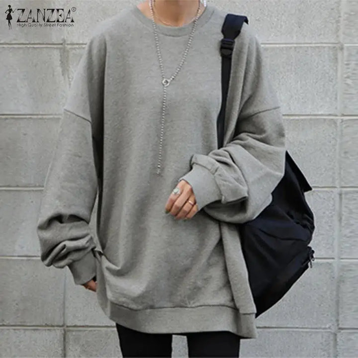 ZANZEA Women's Oversized Solid Sweatshirt – Long Sleeve Casual Hoodie, Autumn/Winter Streetwear Pullover