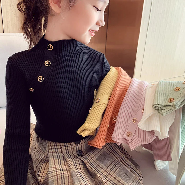 Spring Fashion Girls' Sweater - Knitted Turtleneck Pullover for Ages 2-14, Warm Kids Clothing