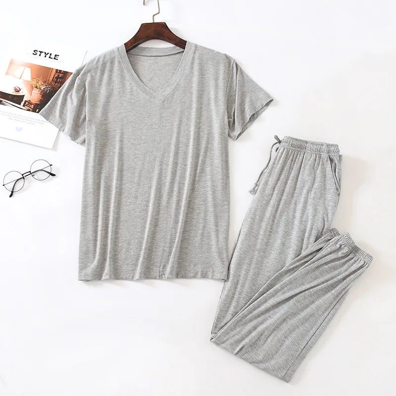 Men's Japanese Pajama Set Modal Viscose Short-Sleeve & Trousers, Loose Casual Home Wear