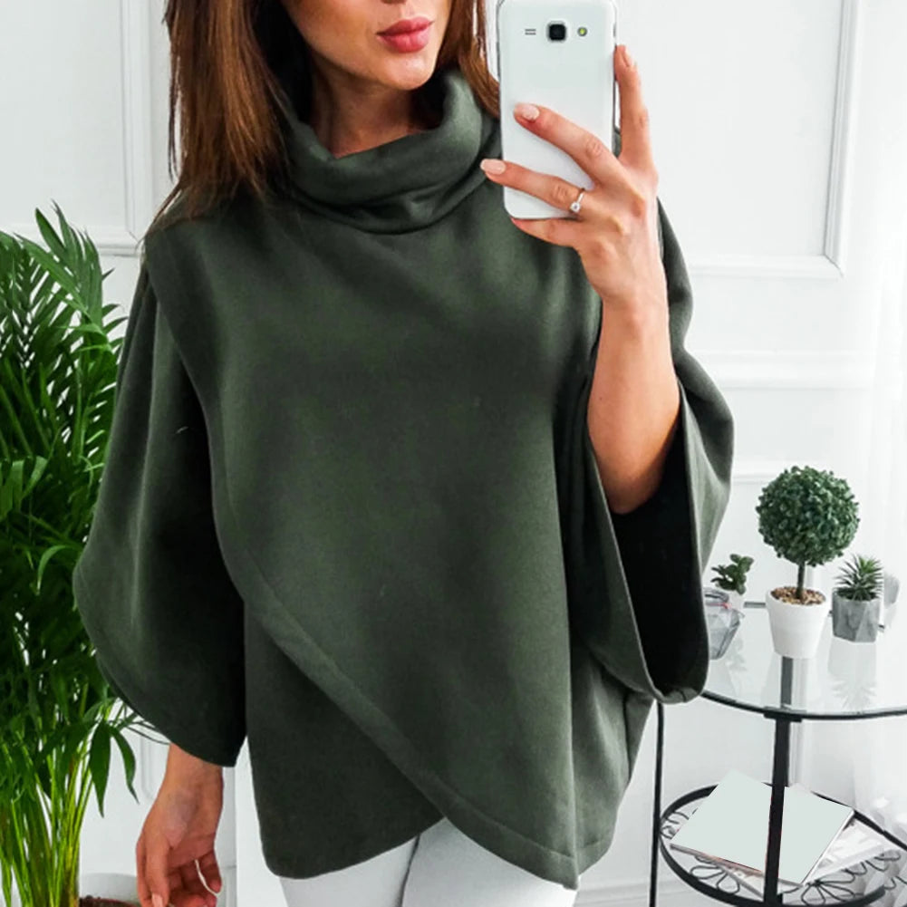 Dolman Sleeve Turtleneck Cloak Irregular Pullover Blouse for Women