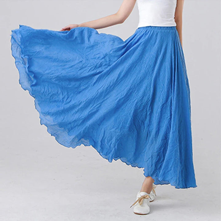 High Quality Cotton Linen Maxi Skirt Women Casual Elastic High Waist Pleated A-Line Beach Skirts Boho Style