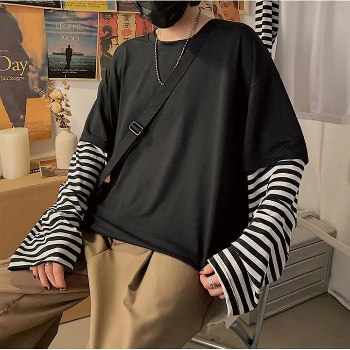 Long Sleeve Fake Two-Piece Boys T-Shirt - Striped Men's Autumn Oversized Tees, Ulzzang Patchwork Cartoon T-Shirt for Boys