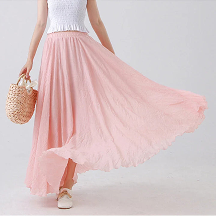 High Quality Cotton Linen Maxi Skirt Women Casual Elastic High Waist Pleated A-Line Beach Skirts Boho Style