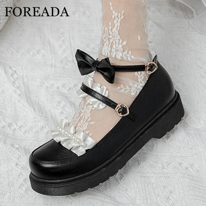 Women's Lolita Style PU Leather Flat Ankle Shoes – Bow Design, Round Toe, Buckle Closure, Lovely Spring Footwear