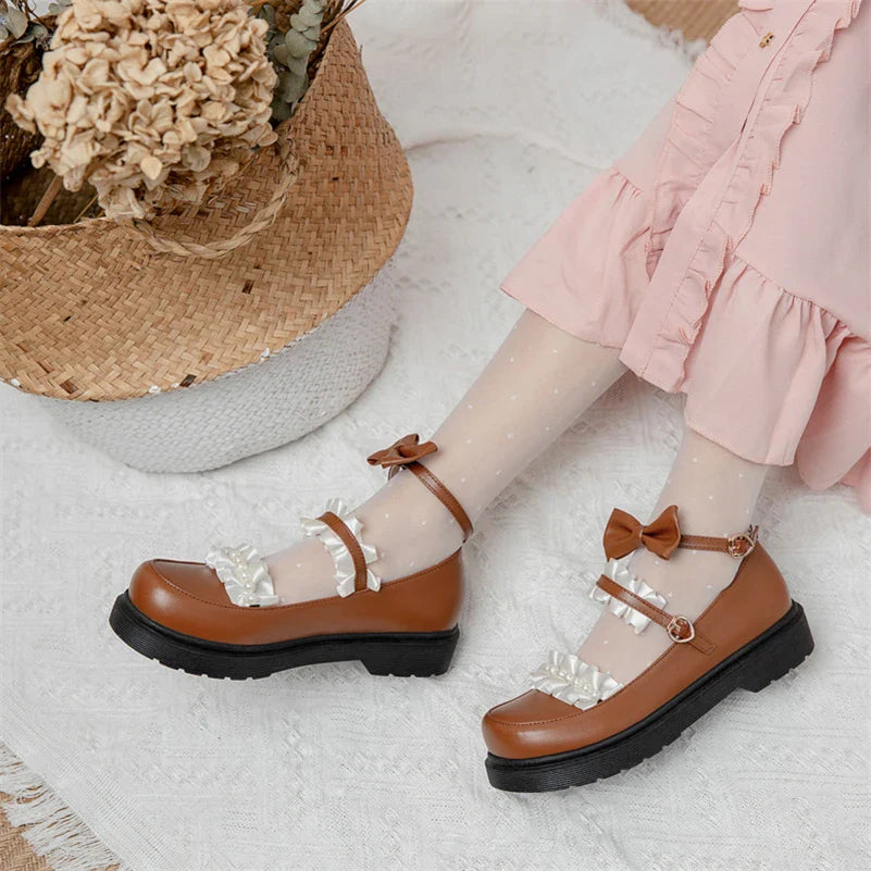 Women's Lolita Style PU Leather Flat Ankle Shoes – Bow Design, Round Toe, Buckle Closure, Lovely Spring Footwear