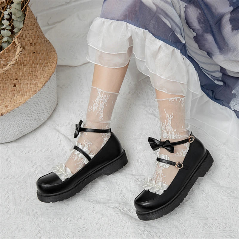 Women's Lolita Style PU Leather Flat Ankle Shoes – Bow Design, Round Toe, Buckle Closure, Lovely Spring Footwear