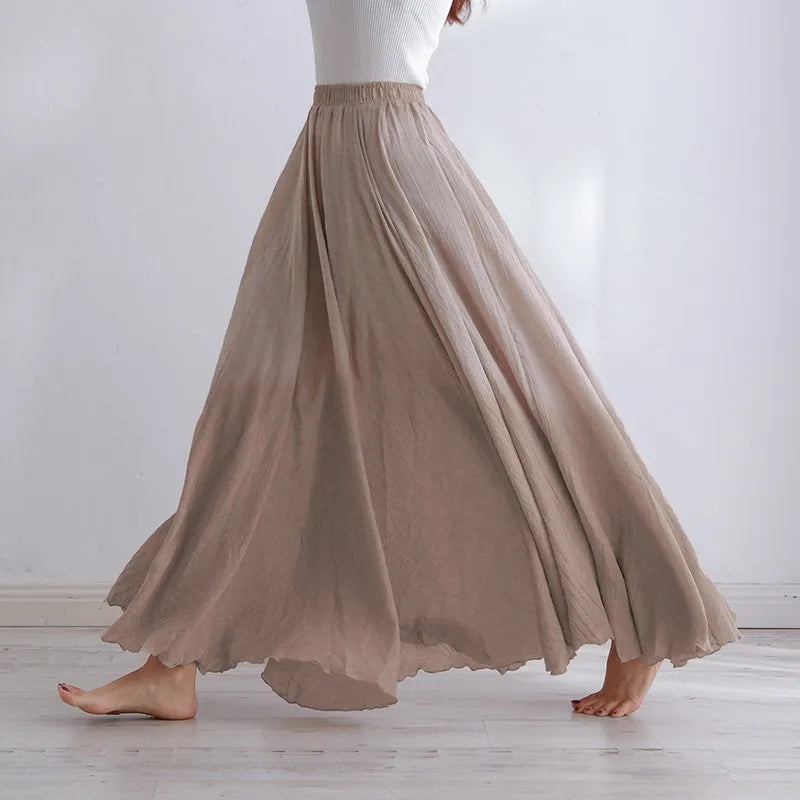 High Quality Cotton Linen Maxi Skirt Women Casual Elastic High Waist Pleated A-Line Beach Skirts Boho Style