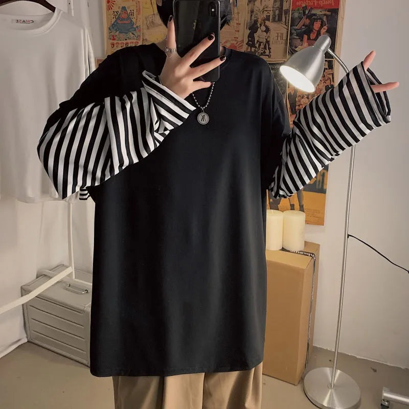 Long Sleeve Fake Two-Piece Boys T-Shirt - Striped Men's Autumn Oversized Tees, Ulzzang Patchwork Cartoon T-Shirt for Boys