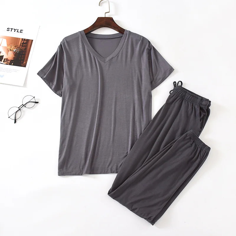 Men's Japanese Pajama Set Modal Viscose Short-Sleeve & Trousers, Loose Casual Home Wear