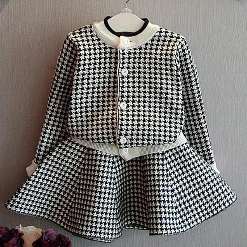 Girls' Plaid Korean Student Outfit - Autumn/Winter Knit Cardigan Sweater and Short Skirt Set