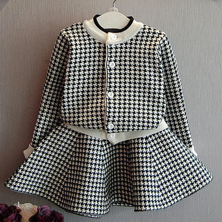 Girls' Plaid Korean Student Outfit - Autumn/Winter Knit Cardigan Sweater and Short Skirt Set