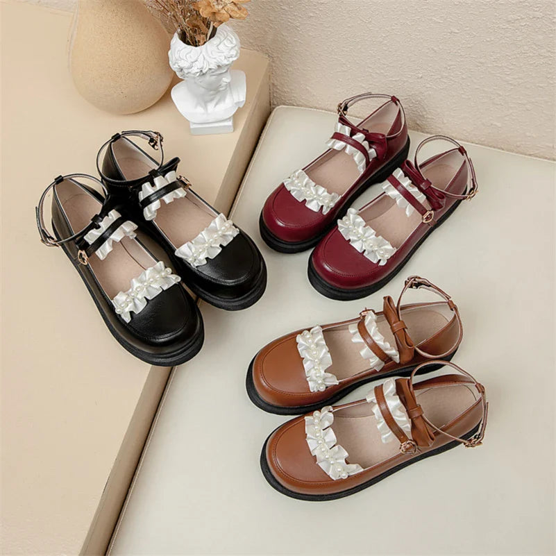 Women's Lolita Style PU Leather Flat Ankle Shoes – Bow Design, Round Toe, Buckle Closure, Lovely Spring Footwear