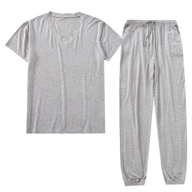 Men's Japanese Pajama Set Modal Viscose Short-Sleeve & Trousers, Loose Casual Home Wear