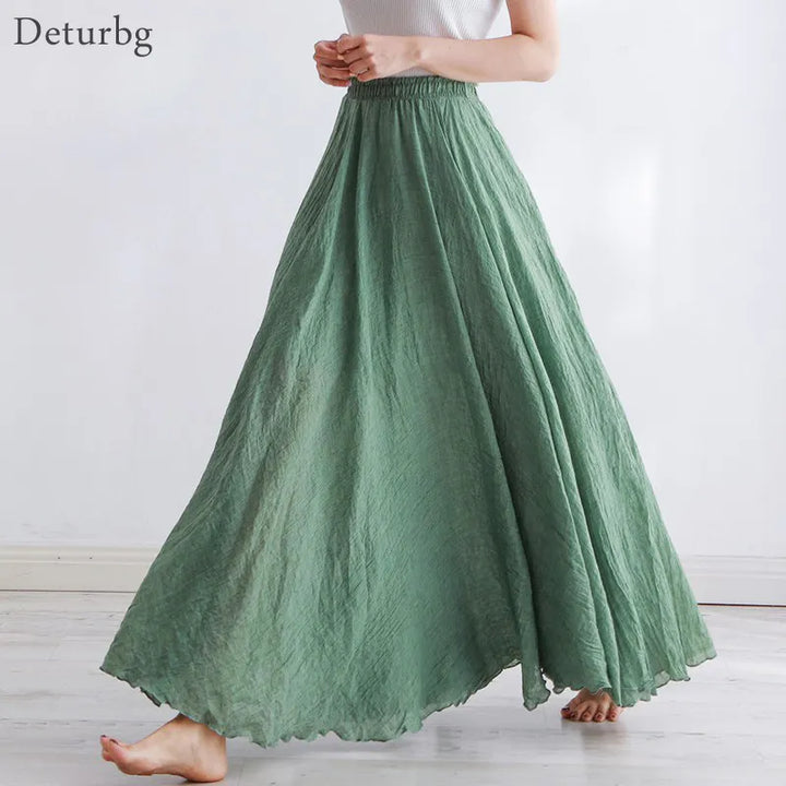 High Quality Cotton Linen Maxi Skirt Women Casual Elastic High Waist Pleated A-Line Beach Skirts Boho Style