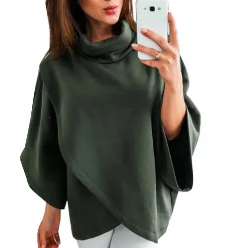 Dolman Sleeve Turtleneck Cloak Irregular Pullover Blouse for Women