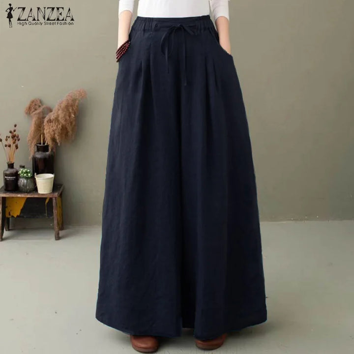 Women’s Wide-Leg Palazzo Pants - Casual Elastic Waist Drawstring Trousers for Autumn