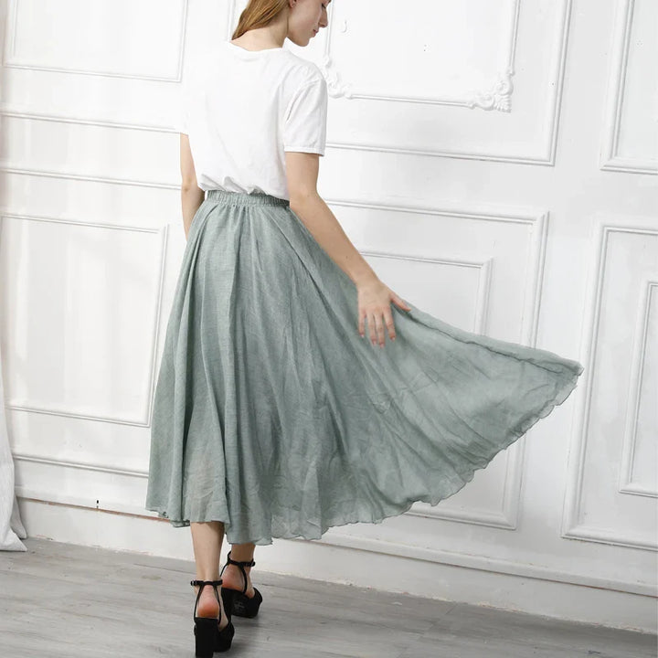 High Quality Cotton Linen Maxi Skirt Women Casual Elastic High Waist Pleated A-Line Beach Skirts Boho Style