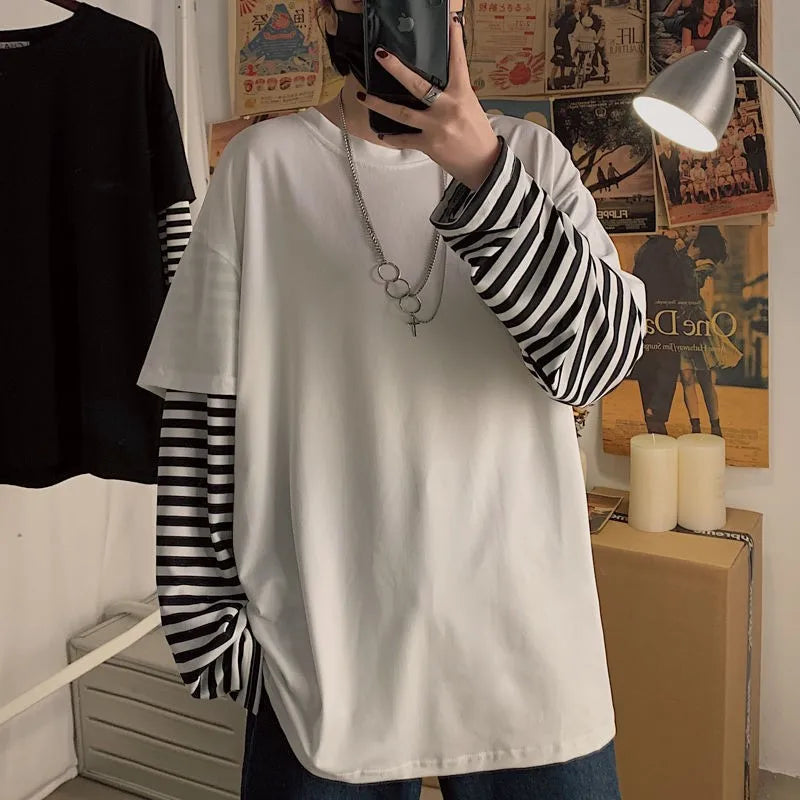 Long Sleeve Fake Two-Piece Boys T-Shirt - Striped Men's Autumn Oversized Tees, Ulzzang Patchwork Cartoon T-Shirt for Boys