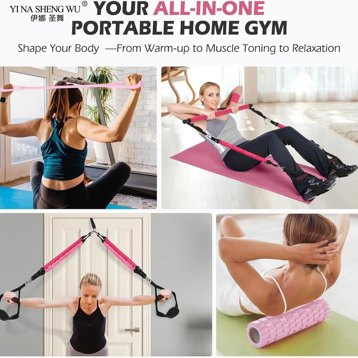 Portable Pilates Bar Kit with Resistance Bands Set 180LBS Bodybuilding Gym Fitness Stick Sports Pull Rope Workout Bar