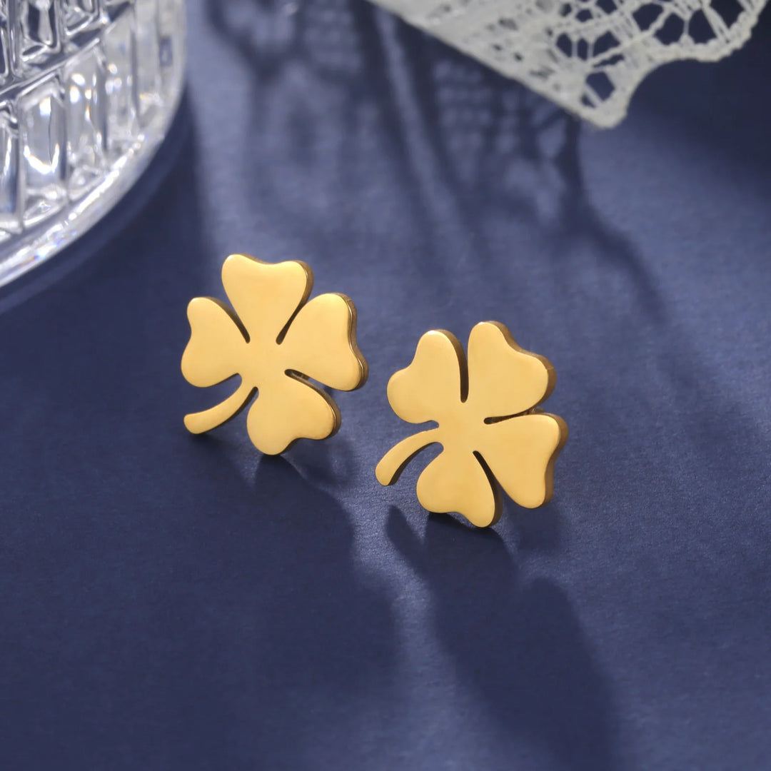 Four-Leaf Clover Stud Earrings - Fashionable Stainless Steel Jewelry in Silver or Gold, Elegant Flower Design for Women