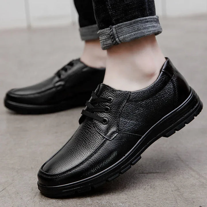 Men's Black PU Leather Casual Shoes - Soft Comfortable Flat Cowhide Business Footwear