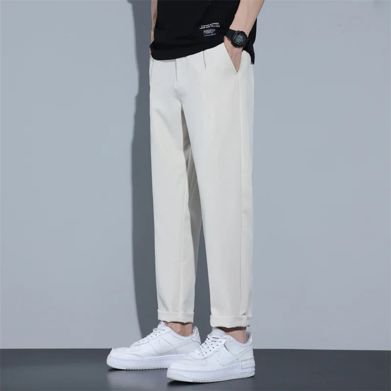 Men‘s Suit Pants Smooth Slim Business Office Social Elastic Waist Beige Grey Classic Korean Formal Trousers Male