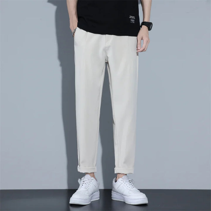 Men‘s Suit Pants Smooth Slim Business Office Social Elastic Waist Beige Grey Classic Korean Formal Trousers Male