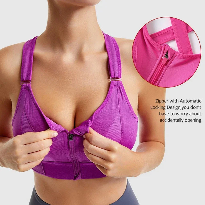 Zip-Front Strappy Yoga Bra - Padded Seamless Wireless Sports Bra for Women