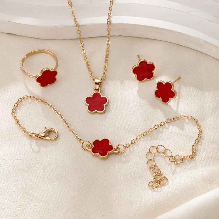 Five-Leaf Flower Jewelry Set - Necklace, Earrings, Ring & Bracelet for Women