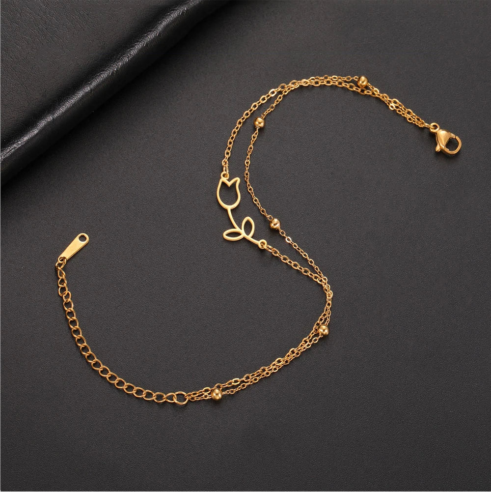 Gold Stainless Steel Rose Flower Anklet - Simple and Adjustable Design for Women, Elegant Leg Bracelet Jewelry, Perfect for Parties or Gifts