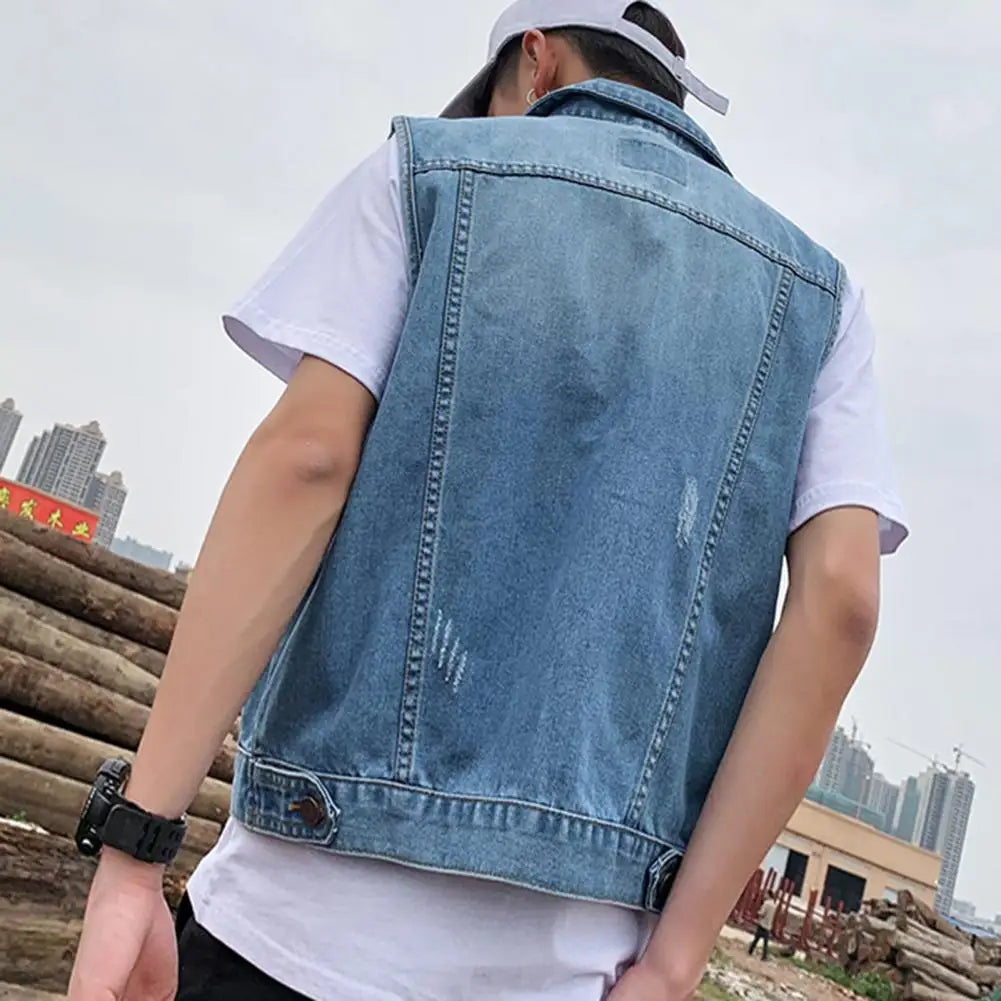 Men's Denim Vests - Spring Summer Ripped Long Hole Jeans Waistcoat, Fashion Sleeveless Casual Jacket Outerwear