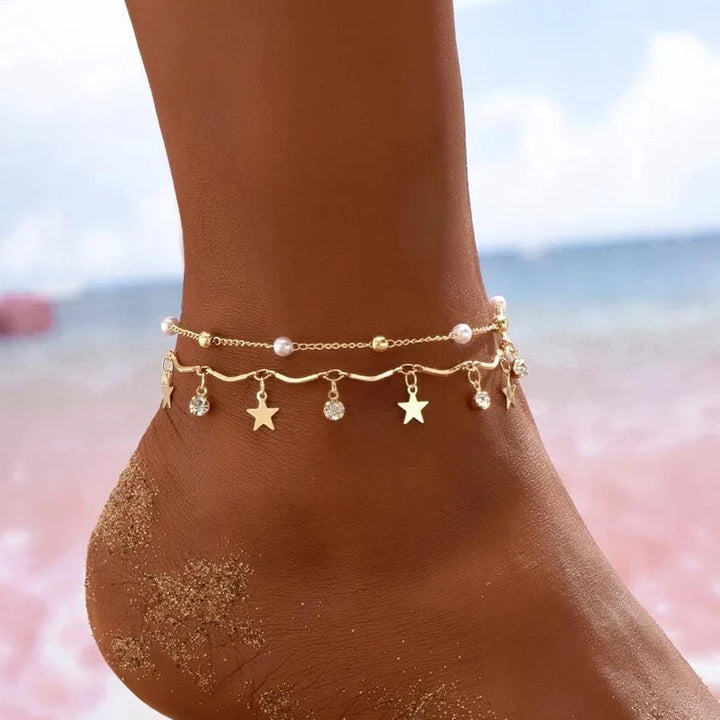 Anklet Foot Chain - Summer Bracelet with Tassel, Star Crystal Pendant, and Charm, Perfect for Barefoot Beach or Bridal Jewelry