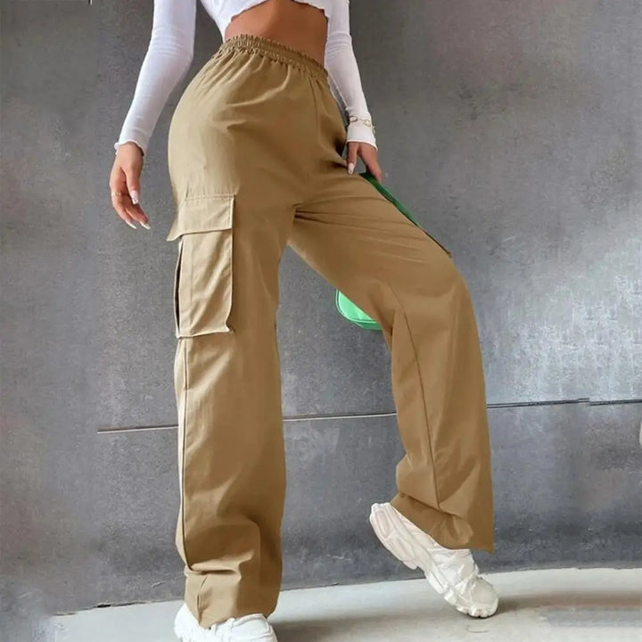 Women's Cargo Pants with Elastic Waist, Wide Leg, and Multiple Pockets