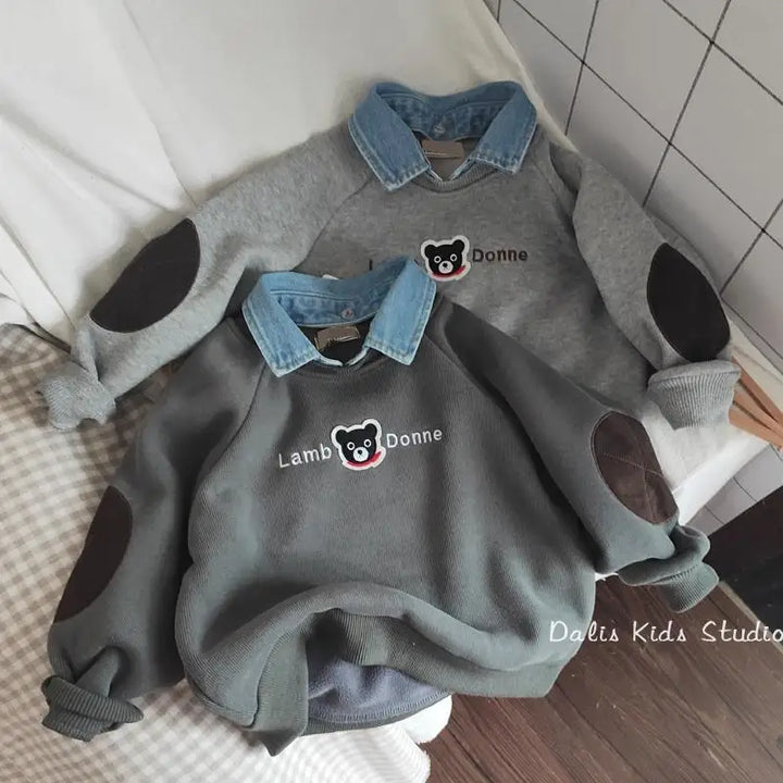 Plush Boys' Sweatshirt Cute Bear Design with Detachable Denim Collar Cartoon Pullover for Kids