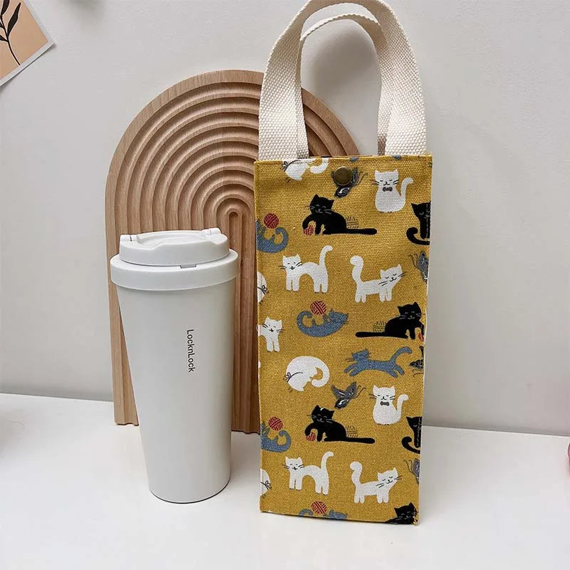 Cute Canvas Water Bottle Bag - Portable Tumbler Holder Sleeve for Thermos & Milk Tea