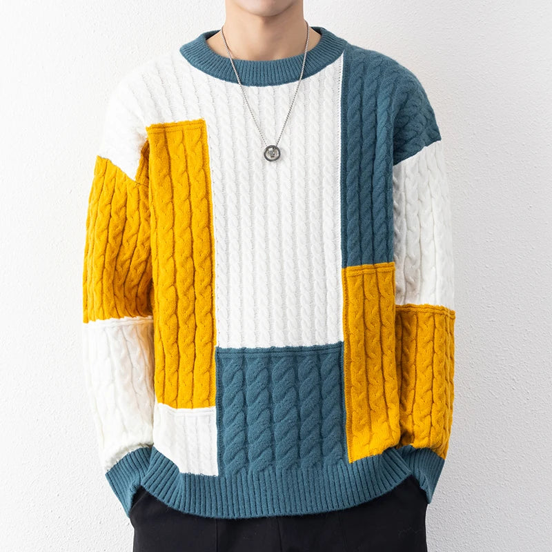 Spring/Winter Patchwork Sweater - Loose Fit, High-Quality Streetwear for Men, Casual and Warm Knitting Pullover