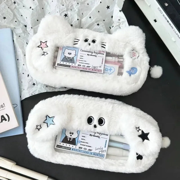 Winter Cute Fluffy White Dog and Cat Pencil Case - Comfortable Pen Bag with Transparent Window, Girls' Stationery Organizer for School Supplies