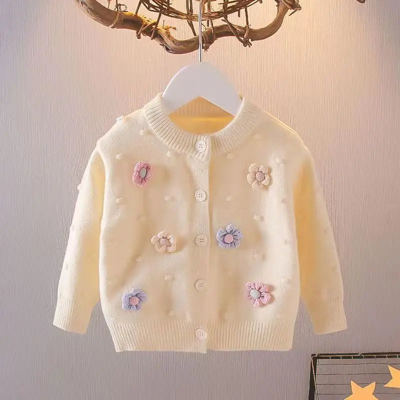 Girls' Korean Knitted Cardigan - Flower Design, Long Sleeve Autumn Top for Kids (1-7T)