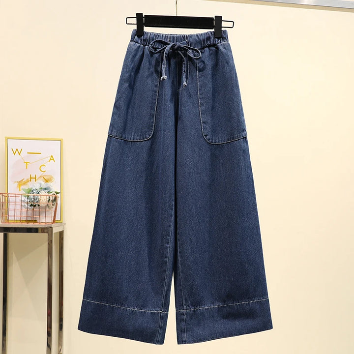 Women’s High-Waist Lace-Up Wide-Leg Jeans - Elastic Loose Pants for Spring & Autumn