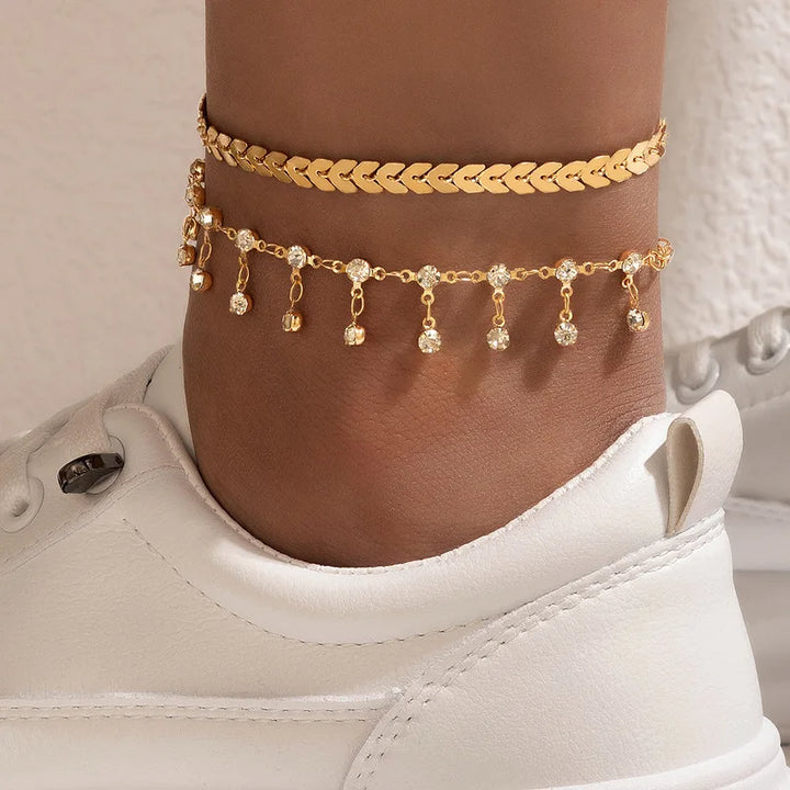 Anklet Foot Chain - Summer Bracelet with Tassel, Star Crystal Pendant, and Charm, Perfect for Barefoot Beach or Bridal Jewelry