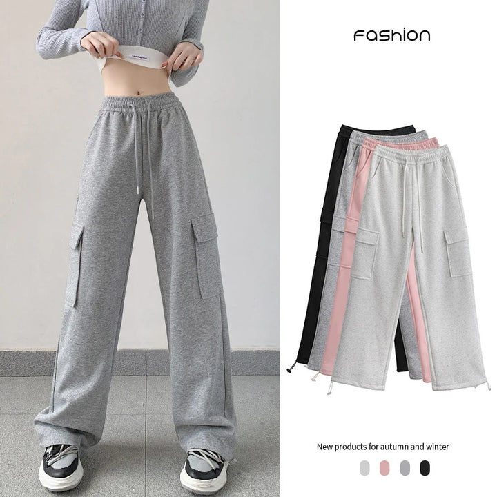 Women's Cotton Cargo Pants - High Waist, Drawstring, Multi-Pocket, Tie Feet, Straight Leg, Wide Leg