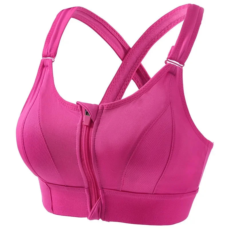 Zip-Front Strappy Yoga Bra - Padded Seamless Wireless Sports Bra for Women