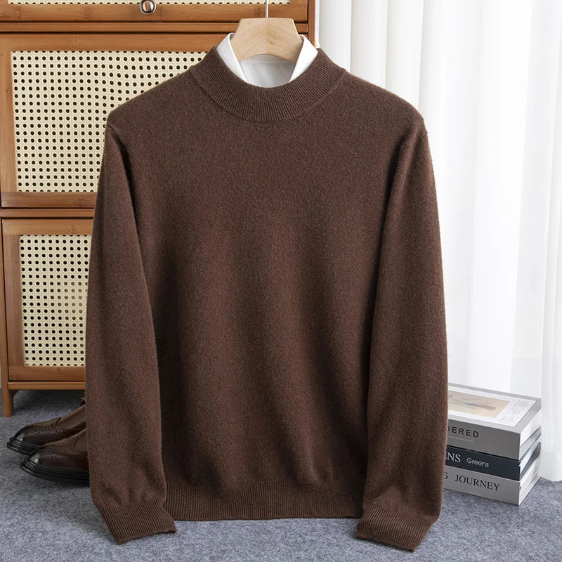 Men's 100% Wool Half-High Collar Sweater – Warm Solid Color Pullover, Business Casual