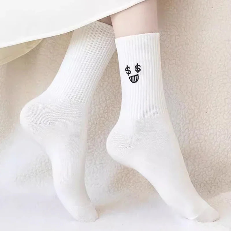 5pairs Cute Emotional Expressions Women's Warm Sock White Kawaii Stocking Embroidered Mid Length Socks Pattern Cotton Sports Sox