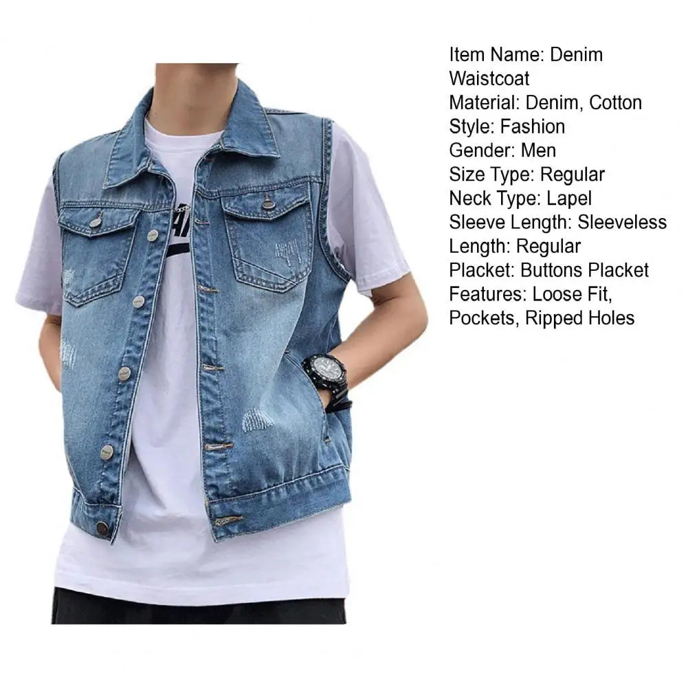 Men's Denim Vests - Spring Summer Ripped Long Hole Jeans Waistcoat, Fashion Sleeveless Casual Jacket Outerwear